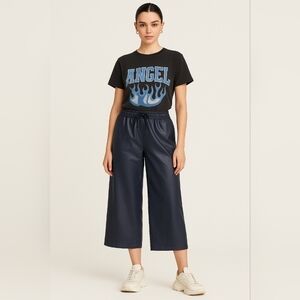 BCBGMaxAzria Navy Blue Vegan Leather Crop Wide Leg Pants M